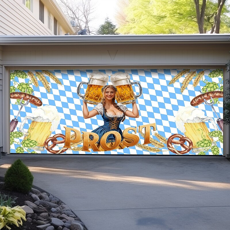 Oktoberfest 2025 Outdoor Garage Door Cover Banner Beer Vintage Blue White Plaid Large Backdrop Decoration for Holiday Outdoor Garage Door Home Wall Decorations3