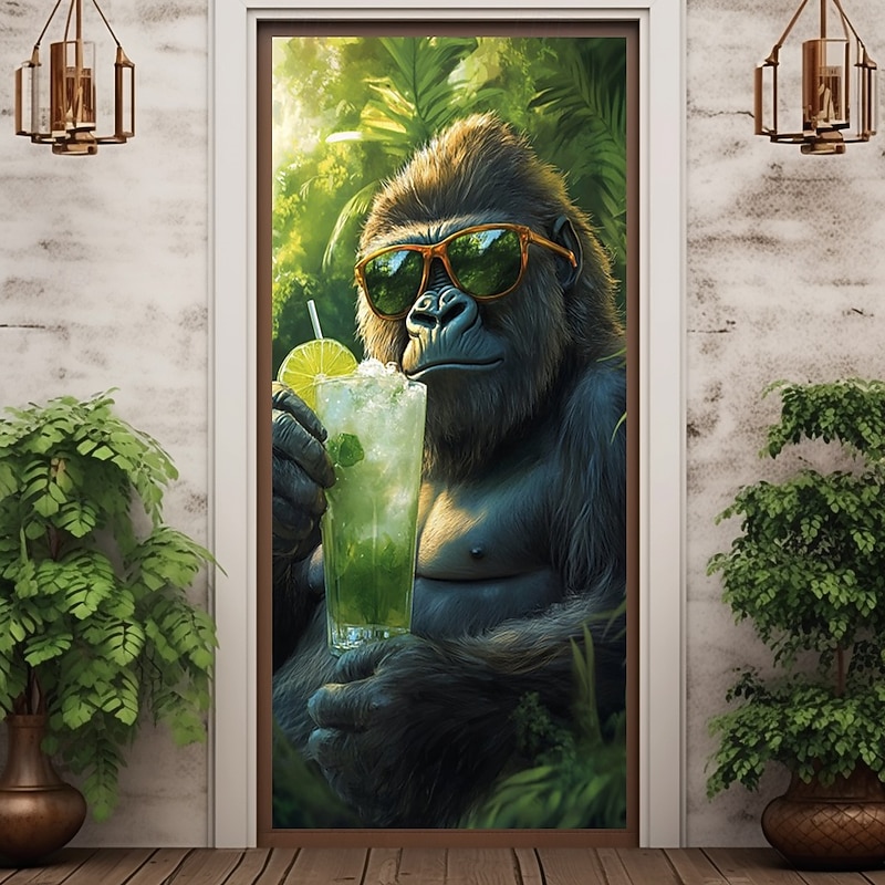 Summer Chimpanzee Door Decorations Door Covers Door Tapestry Door Curtain Decoration Backdrop Indoor/Outdoor Door Banner for Front Door Farmhouse