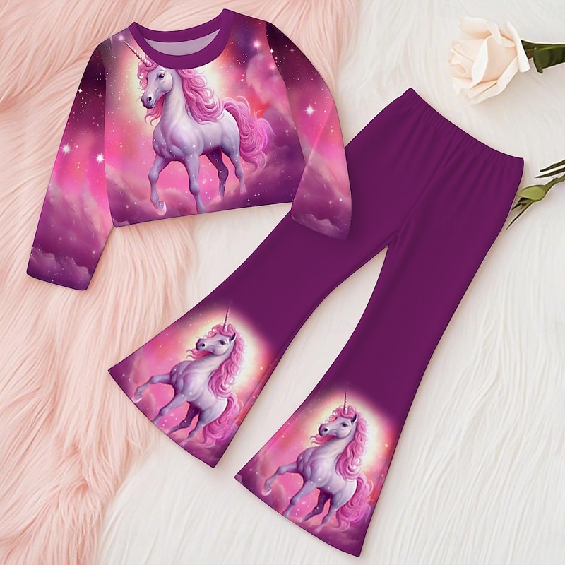 Girls' 3D Unicorn Set Sweatshirt & Flare Pants Set Long Sleeve 3D Print Fall Winter Active Fashion Daily Polyester Kids 3-12 Years Crew Neck Outdoor Date Vacation Regular Fit
