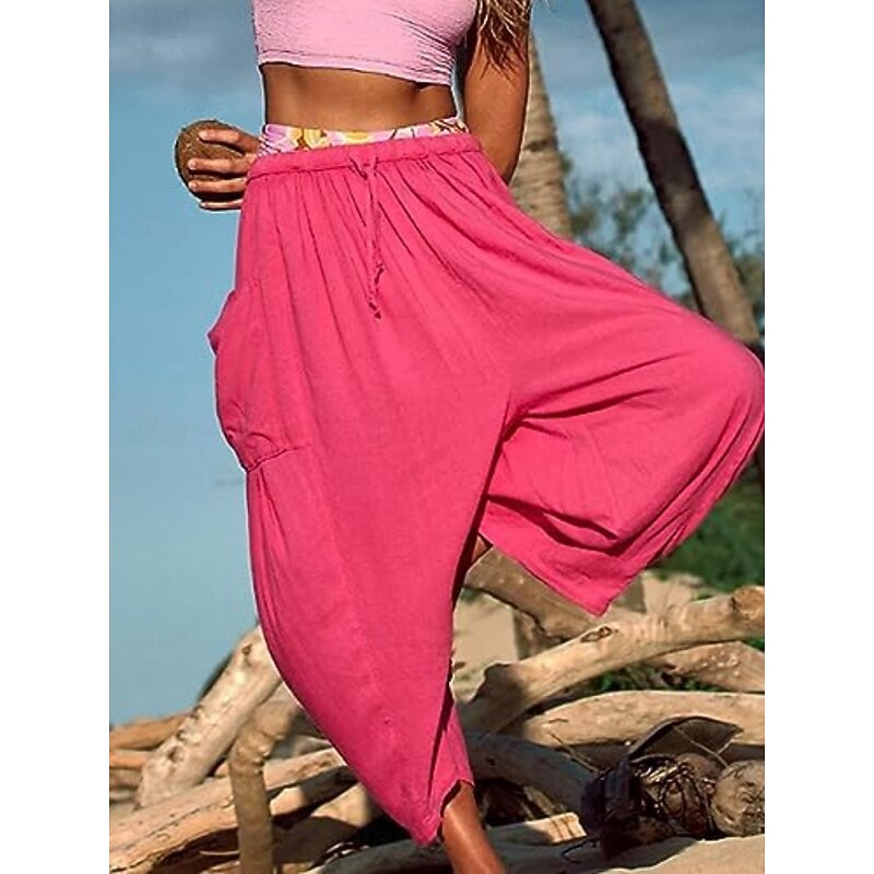 Women's Cotton Linen Pants Chinos Fashion Basic Casual Full Length High Waist Plain Pocket Drawstring Comfort Outdoor Micro-elastic Vacation Street Daily White Yellow Fuchsia Khaki Summer Spring