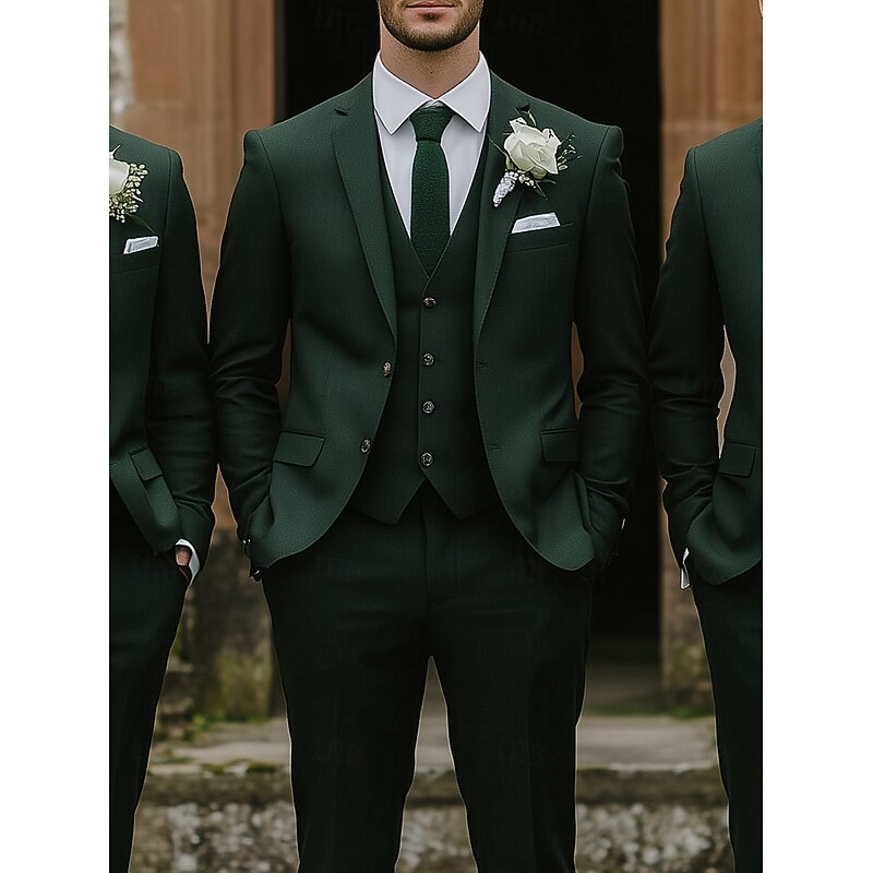 Men's Wedding Business Suits Notch Lapel Dark Green Fashion Formal Solid Colored Standard Fit 3 Piece Single Breasted Two-buttons2