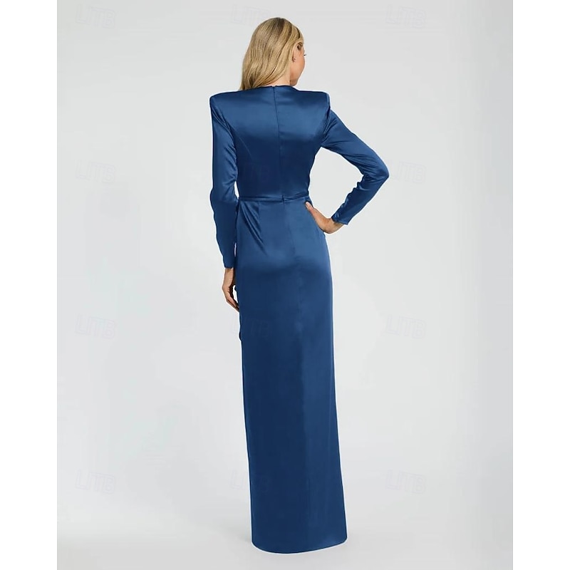 Black Tie Mermaid / Trumpet Evening Gown Elegant Dress Formal Wedding Floor Length Long Sleeve Satin Dress Crew Neck with Bow(s) Ruched Slit4