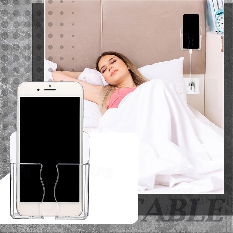 Wall Mounted Phone Holder Self Adhesive Cell Phone Stand with Charging Hole Acrylic Clear Remote Control Stand Bedside Organizer for Home Office2