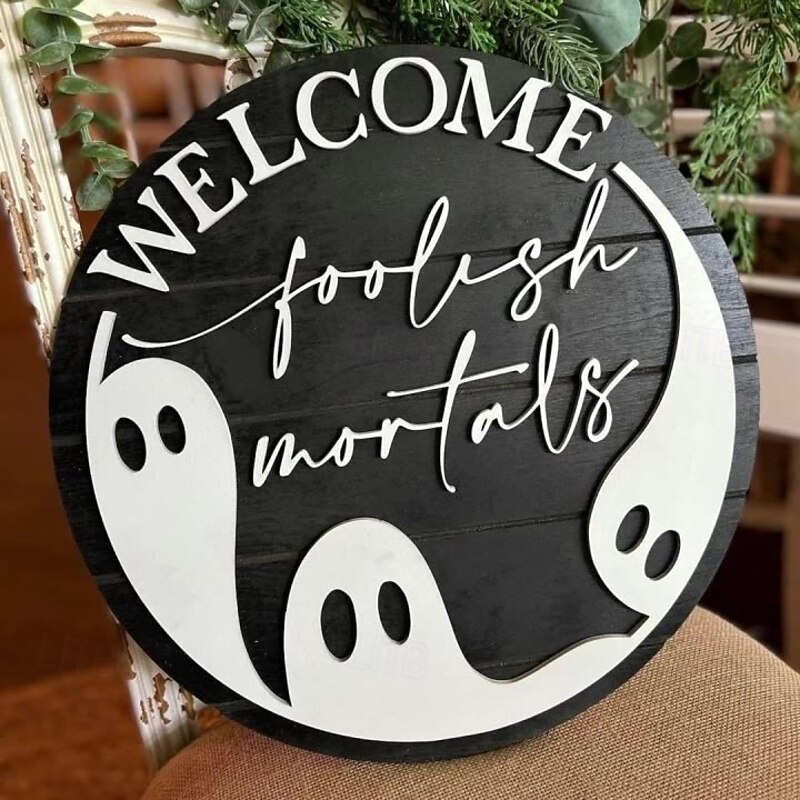 Halloween Front Door Wreath Door Hanger Ghost Welcome Door Number Wooden Crafts Pendant
