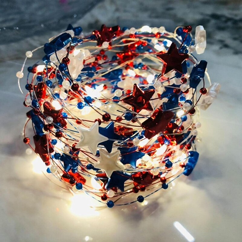 1 Pc 3M-30 LED Bead American July 4th Independence Day Red, White, Blue Star Decorative Light String Indoor Party Party Patriotic Theme Decorative Light AAA Battery Box3