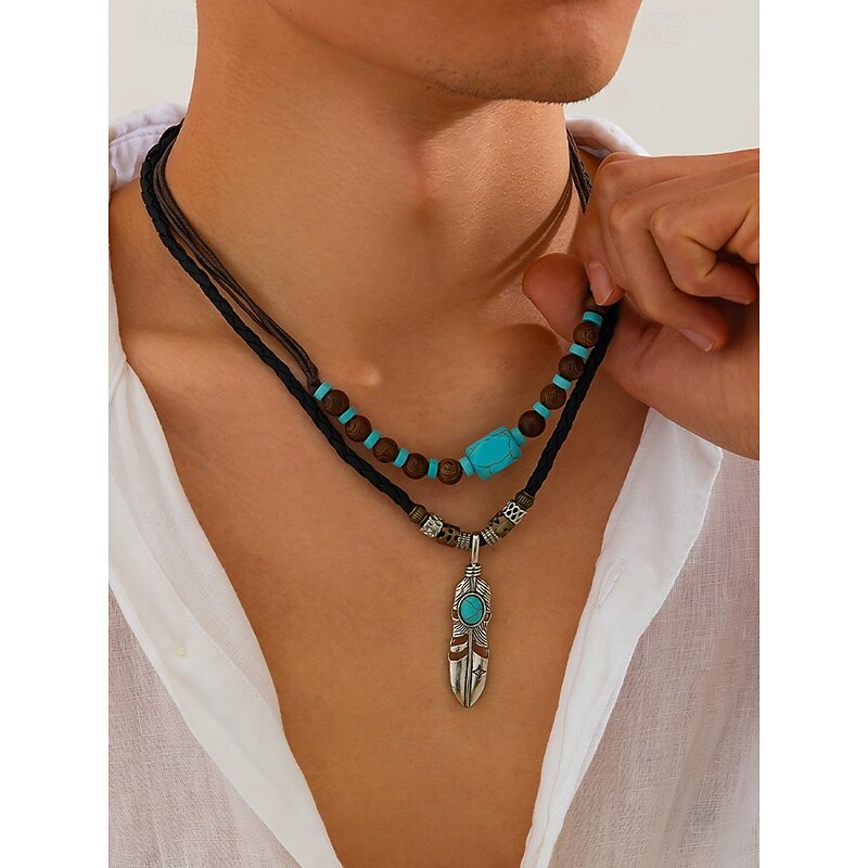 Men's Vintage Feather Pendant Necklace with Turquoise Beads – Tribal Style Leather Rope Jewelry for Festivals, Travel and Everyday Casual Wear2