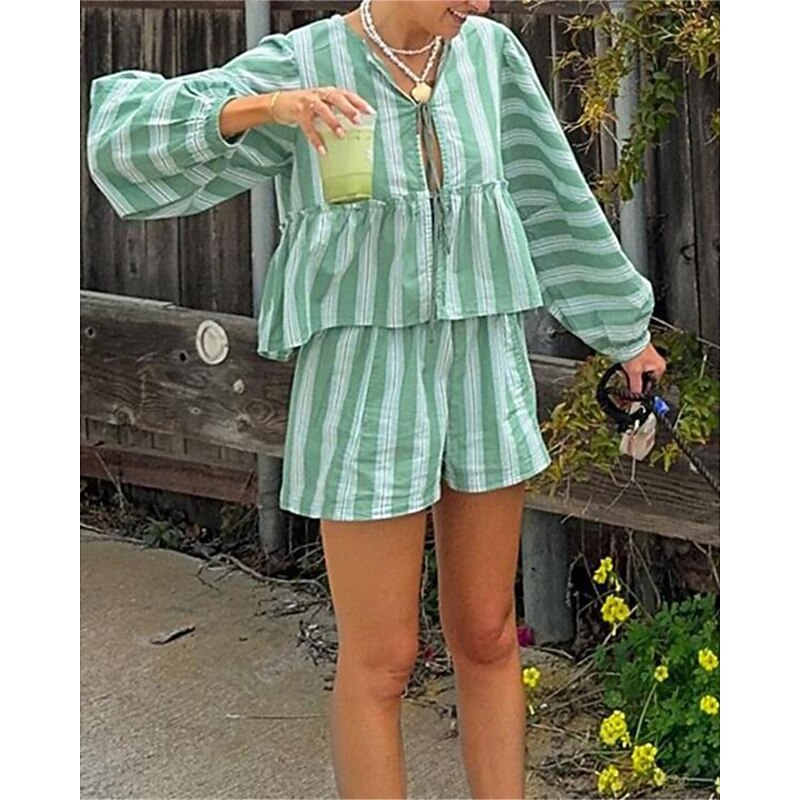 Women's Active Streetwear Cotton Linen Shirts Blouse Shorts Sets Long Sleeve V Neck Striped Ruched Daily Casual Daily Pink Green Summer Regular Fit3
