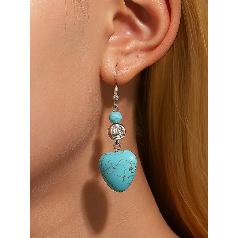 Women's Boho Turquoise Heart Drop Earrings – Vintage Silver Accents, Natural Stone Dangle Design for Free-Spirited Women, Ideal for Music Festivals, Casual Outings and Gifts4