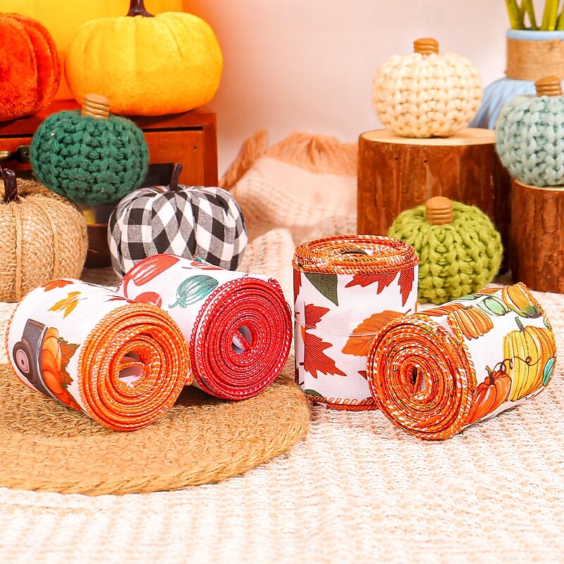 1 Roll Fall Burlap Ribbon,Buffalo Plaid Wired Edge Ribbon with Pumpkin Pattern Thanksgiving Theme Craft Ribbons Rustic Autumn Harvest Ribbons for Wrapping Gifts Making Wreath Bow4