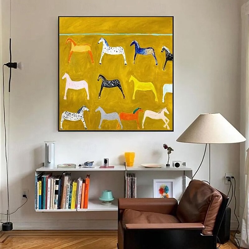 Mintura Handmade Yellow Horse Oil Paintings On Canvas Wall Art Decoration Modern Abstract Animals Picture For Home Decor Rolled Frameless Unstretched Painting2
