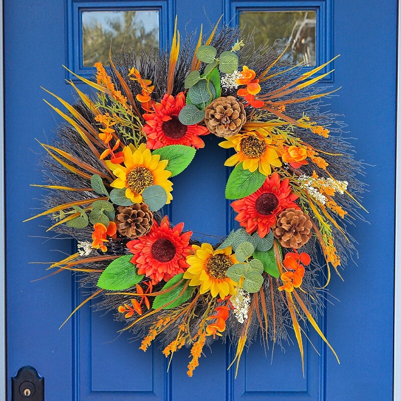 Fall Wreath for Front Door Thanksgiving Autumn Harvest Indoor Outdoor Decoration, Pinecone and Sunflower Artificial Wreath Wholesale Home Porch Hanging Decor
