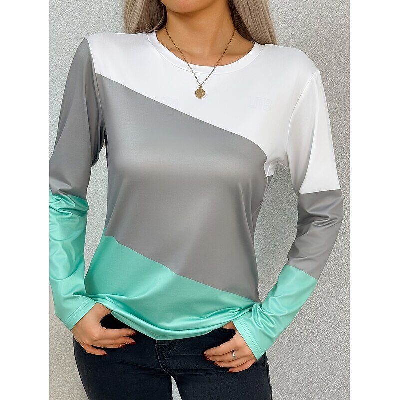 Women's T shirt Long Sleeve Crew Neck Long Sleeve Tunic Graphic Geometric Color Block Vintage Stylish Classic Round Neck Regular Tops Daily Print Green Fall Prefall4