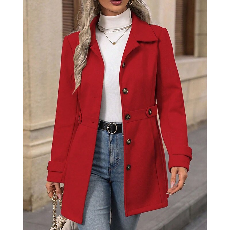 Women's Winter Coat Coat Warm Comfortable Buttons Fashion Plain Outdoor Vacation Weekend Single Breasted Long Turndown Regular Fit Long Sleeve Outerwear Red Fall Winter2