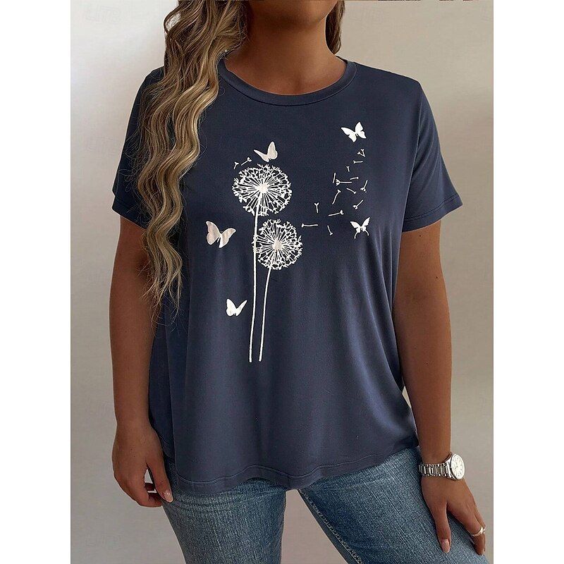 Women's Plus Size Tops T Shirt Floral Striped Print Short Sleeve Crew Neck Casual Daily Polyester Summer White Light Green3