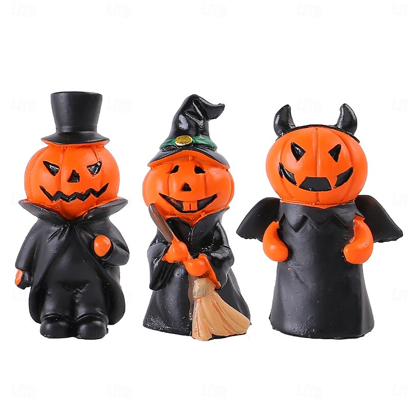 3pcs/set Halloween Mini Pumpkin Devil Gentleman Resin Figurine Set, Spooky Home Party Tabletop Decor, Resin Craft Ornament4