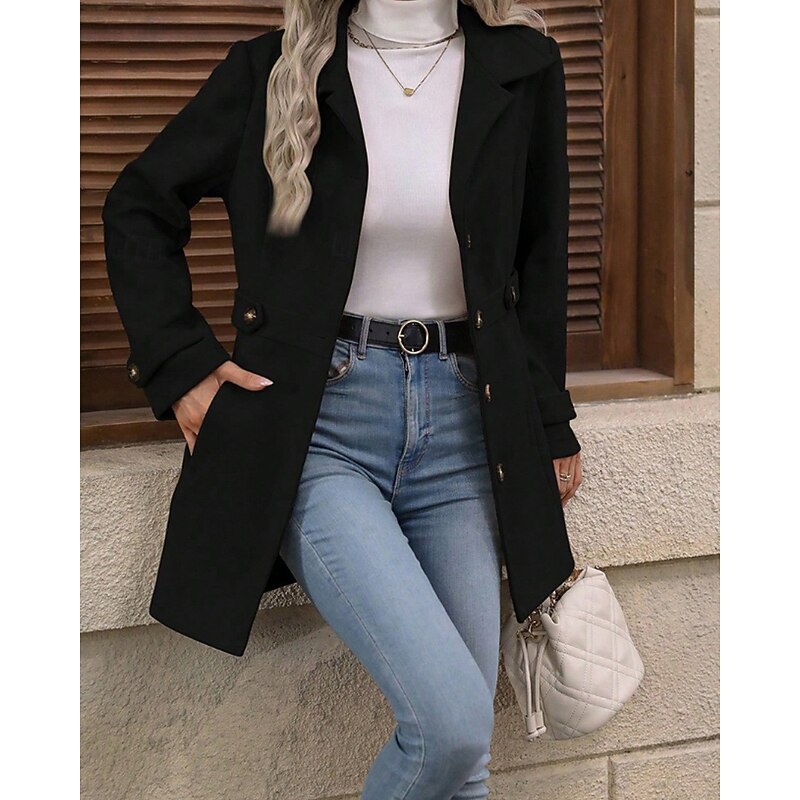 Women's Winter Coat Coat Warm Comfortable Buttons Fashion Plain Vacation Casual Daily Single Breasted Regular Turndown Regular Fit Long Sleeve Outerwear Black Fall Winter4