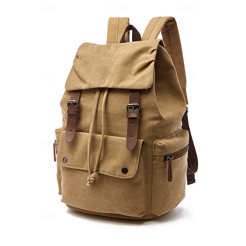 Men's Vintage Canvas Backpack with Leather Straps, Multi-Pocket Travel Rucksack for School, Work, Hiking and Outdoor Use2