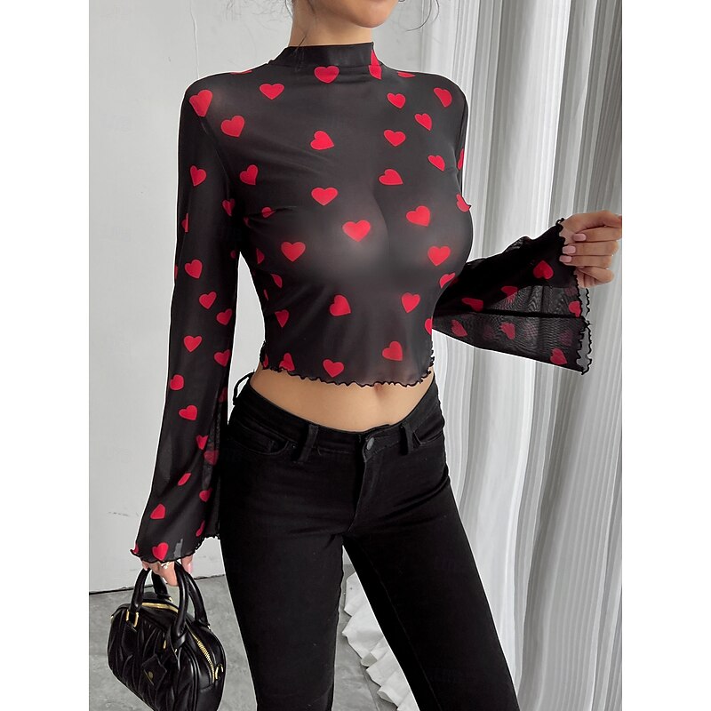 Women's Blouse Heart Daily Stylish Long Sleeve High Neck Crop Tops Daily Holiday Print Black Summer Spring4