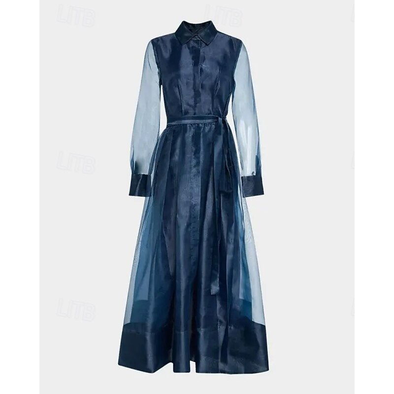 A-Line Shirt Dress Mother of the Bride Dress Elegant Simple Minimalist Shirt Collar Floor Length Organza Long Sleeve with Sash / Ribbon4