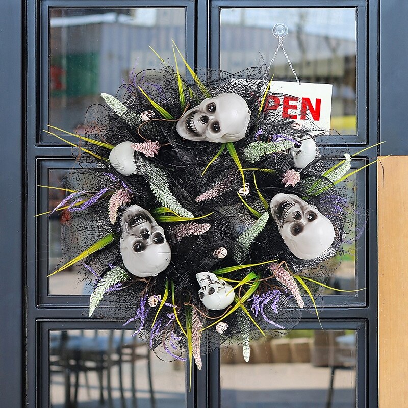 Halloween Wreath for Front Door Indoor Outdoor Decoration, Black Mesh Skull Head Wreath Wall Hanging, Haunted House Horror Party Prop Spooky Halloween Decor4