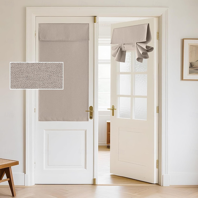 Blackout Linen Door Window Curtains for French Door, Tricia Room Darkening Adhesive Privacy Assured Thermal Insulated Blinds for Kitchen Glass Window