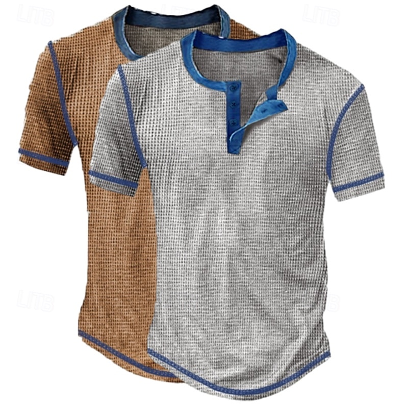 Men's Waffle Henley Shirt Tee Short Sleeve Solid Fashion Designer Casual Buttons Henley Outdoor Casual Daily Summer Brown+Yellow Dark Blue / Light Blue Grey / White Henley T-Shirt4