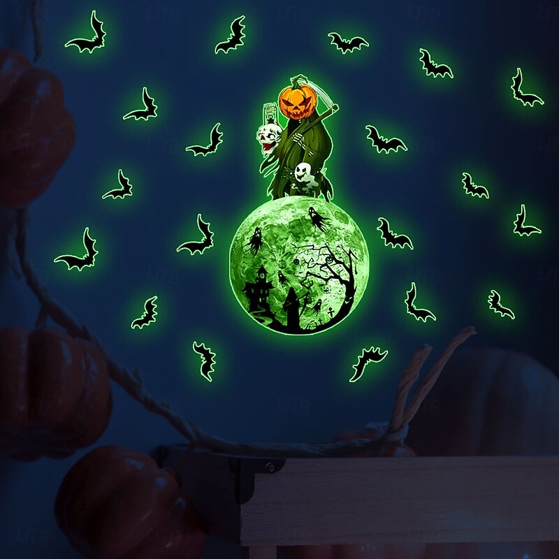 Halloween Decal Stickers Glow in The Dark Decoration, Luminous Pumpkin, Witch, Ghost, Haunted House, Moon, and Bat Wall Decals, Self-Adhesive Halloween Bedroom Decor3