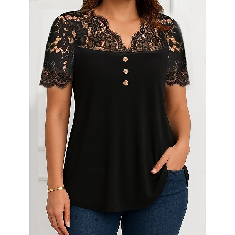 Women's Lace Shirt Solid Color Stylish Casual Short Sleeve V Neck Regular Tops Daily Lace Patchwork Buttons Black Wine Purple Summer Spring