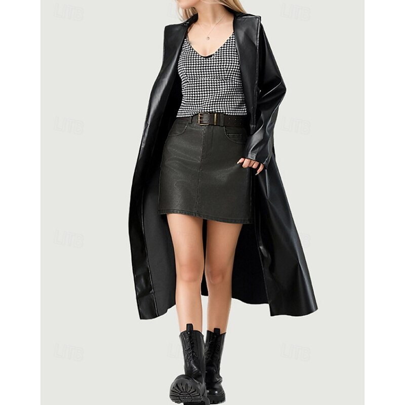 Women's Trench Coat Warm Comfortable Pocket Active Fashion Plain Going out Weekend Open Front Long Turndown Regular Fit Long Sleeve Outerwear Black Fall Winter3