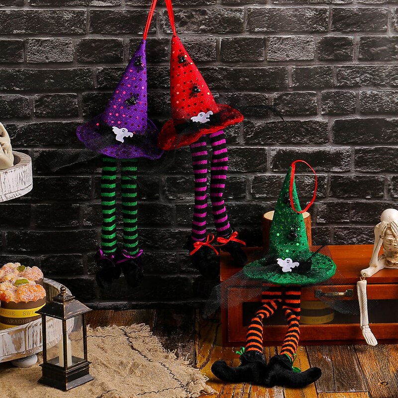 Halloween Witch Hanging Decoration, Striped Long Legs Window Display Prop, Spooky Bar Party Atmosphere Decor3