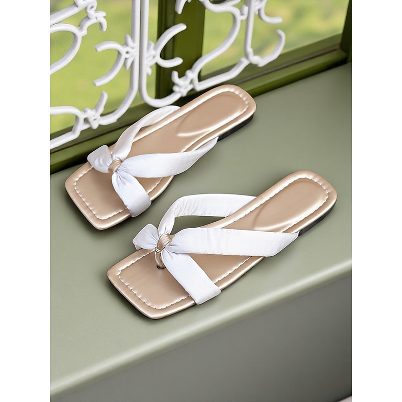 Women's Burgundy Bowknot Satin Strap Flip-Flop Sandals, Square-Toe, Soft Footbed, Casual Chic Style for Daily Wear, Backyard Party, Picnic or Date Outfits