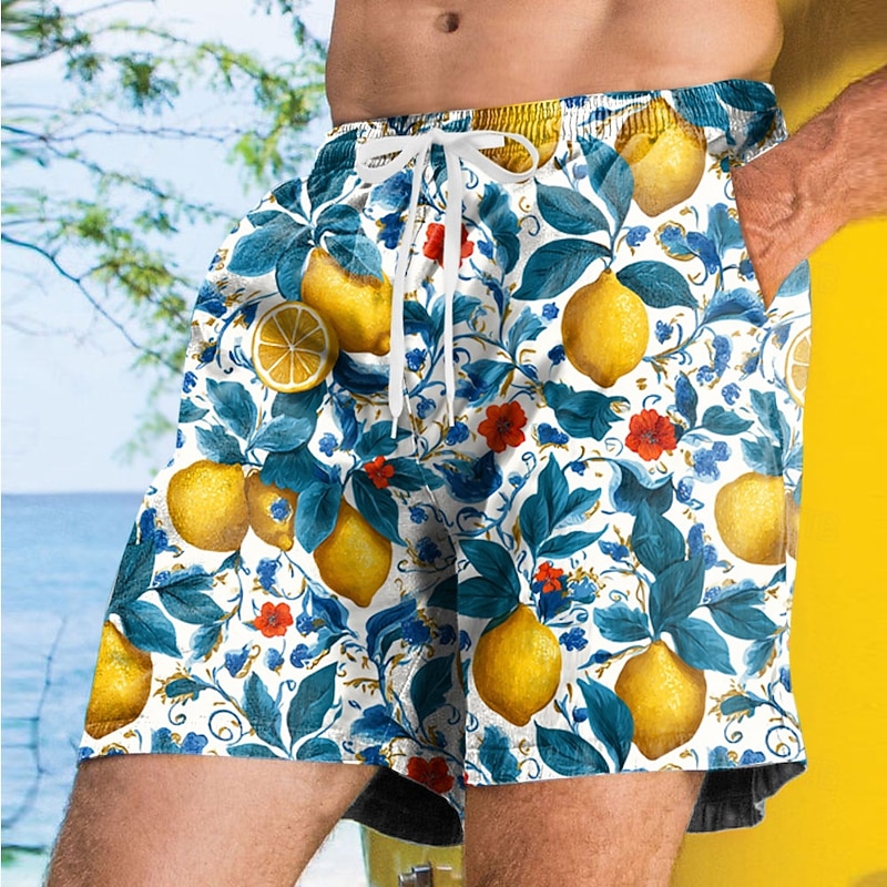 Men's Fruit Lemon Tropical Plants Swim Trunks Swim Shorts Board Shorts Mid Waist Streetwear Hawaiian Vacation Side Pockets Mesh Lining Elastic Drawstring Waist Designer Clothing Apparel3