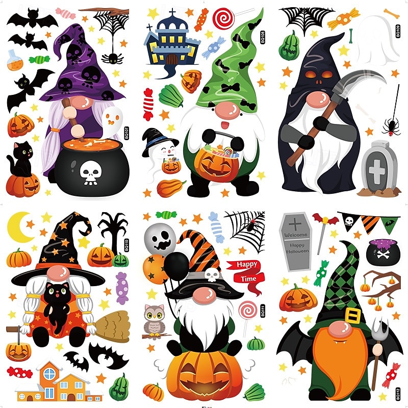 6 Sheets Halloween Window Cling Sticker Decals Decorations Double Side, Gnome Witch Pumpkin Balloon Static Stickers for Glass, Bestselling Halloween Window Decals2