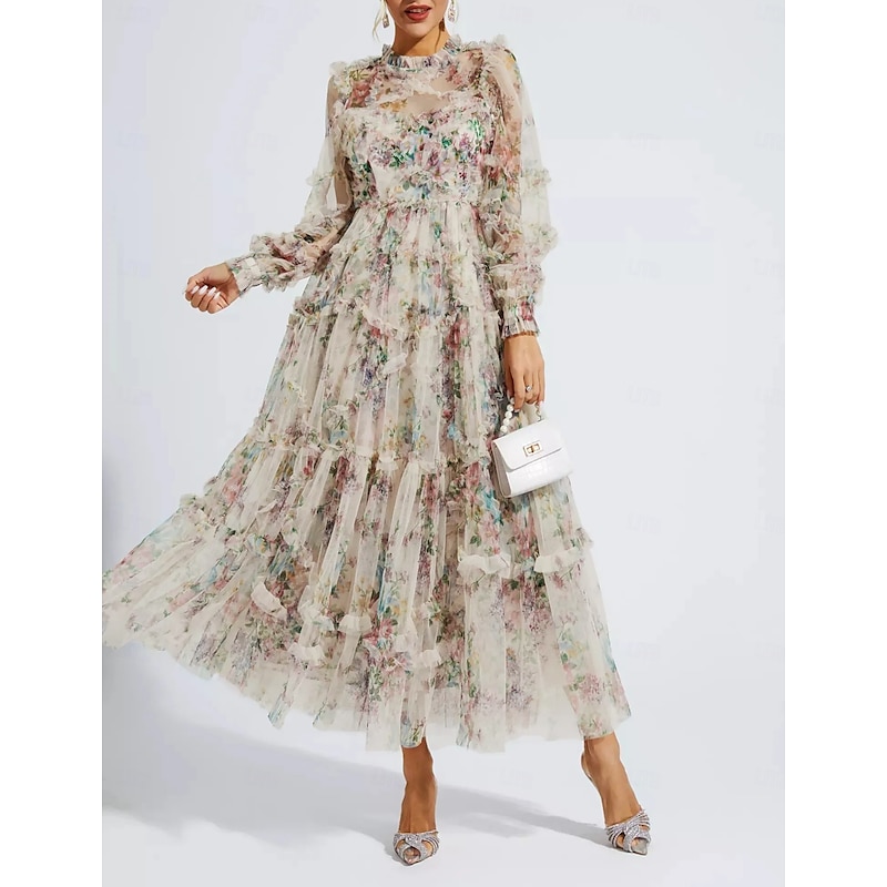 A-Line Wedding Guest Dresses Beach Wedding Cocktail Party Garden Party Ankle Length Half Sleeve Jewel Neck Champagne Mother Of the Bride Dress Tulle with Embroidery  dress to impress