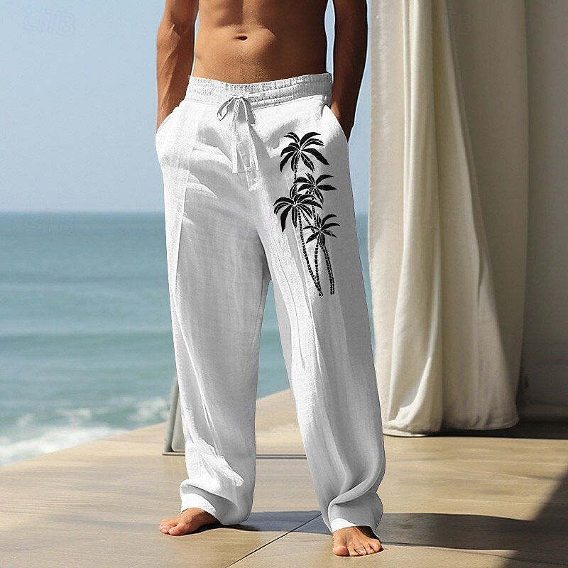 Men's Linen Pants Trousers Summer Pants Baggy Pants Beach Pants Elastic Waist Drawstring Straight Leg Plain Comfort Breathable Full Length Casual Daily Holiday Vacation Basic White Army Green4