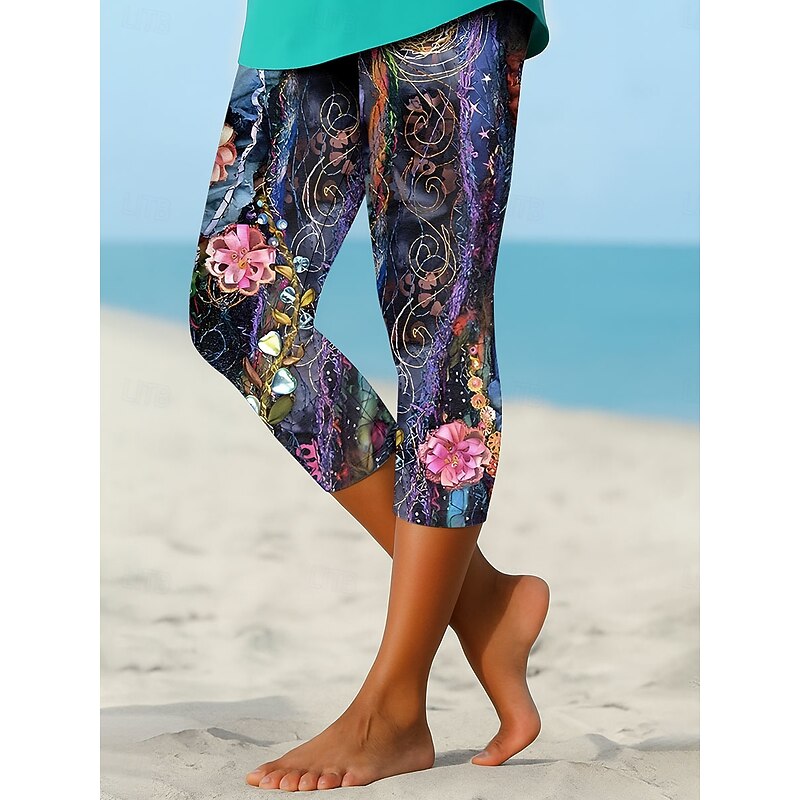 Women's Leggings Capri Pants High Elasticity Vacation Vintage Fashion Calf-Length High Waist Floral Graphic Printing Breathable Soft Stretchy Formal Outdoor Vacation Violet Summer Spring Slim Fit
