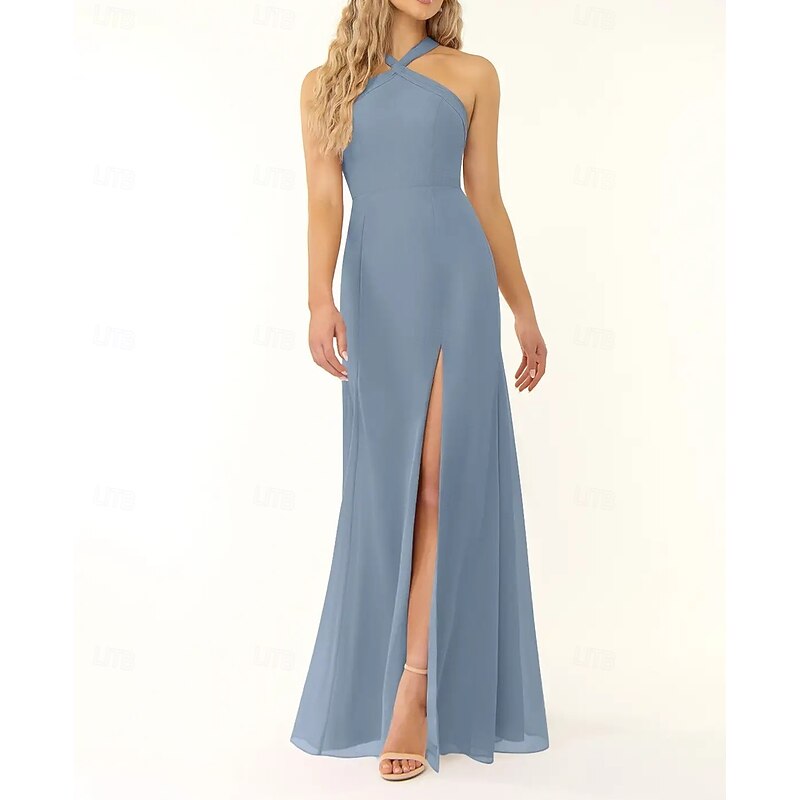 Mermaid / Trumpet Bridesmaid Dress Halter Neck Sleeveless Elegant Floor Length Chiffon with Split Front3