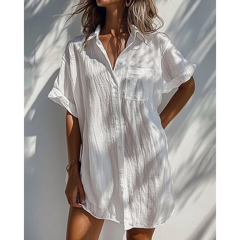 Women's Shirt Blouse Plain Modern Casual Short Sleeve Shirt Collar Regular Tops Daily Going out Buttons Pocket White Apricot Light Blue Summer3