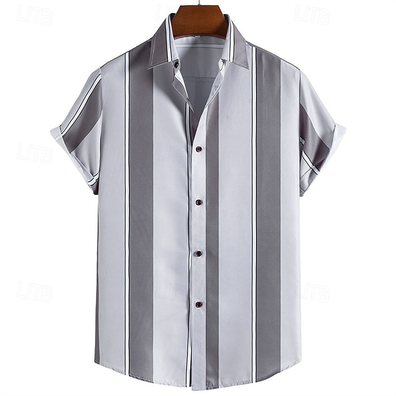 Men's Shirt Summer Shirt Casual Shirt Beach Shirt Button Up Shirt Blue Gold Green Dark Gray Gray Short Sleeve Stripes Lapel Vacation Hawaiian Clothing Apparel Polyester Fashion Casual Comfortable3