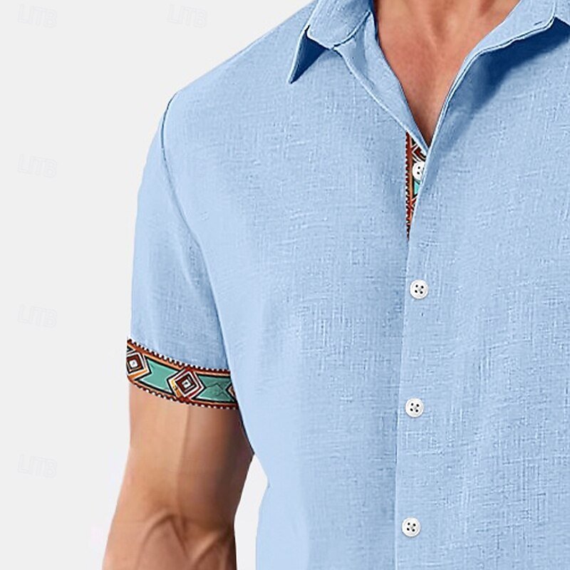 Men's Shirt Linen Shirt Summer Shirt Beach Wear Plain Vacation Casual Black White Blue Gray Short Sleeve Collar Summer Spring & Summer Clothing Apparel Color-Blocking2