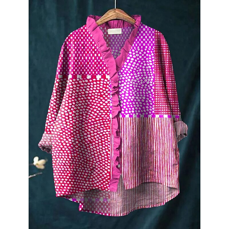 Women's Shirt Button Down Blouse Striped Stylish Casual Long Sleeve V Neck Regular Tops Daily Buttons Print Red Blue Fuchsia Khaki Summer Spring