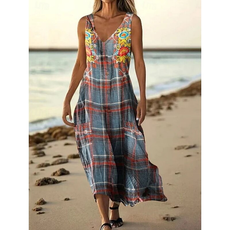 Women's Long Dress Maxi Dress Casual Dress Tank Dress Summer Dress African Daily Holiday Beach Regular Fit Floral Plaid Sleeveless V Neck Royal Blue Blue Fuchsia Summer