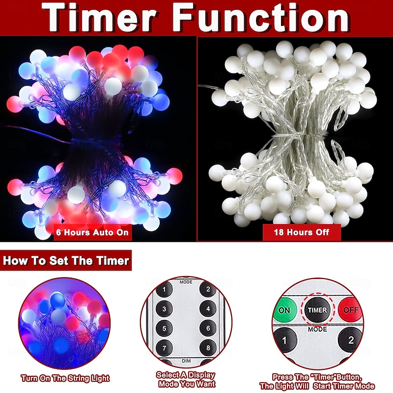 1 Pc 33FT-100 LED Patriotic String Lights July 4th Independence Day Red Blue White Ball Decorative LED String Patriotic Gathering Party Atmosphere 8 Function Remote Control Waterproof Battery Box4