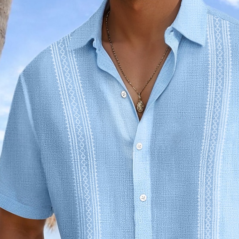 Men's Linen Shirt Guayabera Shirt Beach Wear Button Up Shirt Textured Vacation Casual White Blue Green Gray Short Sleeve Turndown Summer Spring Clothing Apparel2