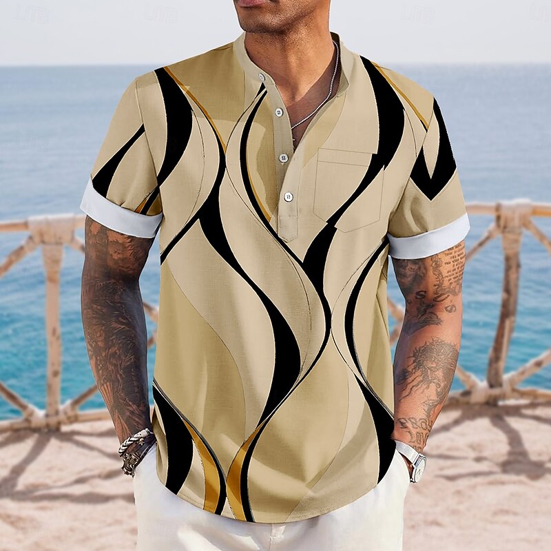 Men's Geometric Waves Shirt Henley Shirt Stand Collar Shirt Short Sleeve Casual Vacation Daily Summer Spring Mandarin Collar Band Collar Buttons Front One Pocket Linen Like Shirt Blue Khaki Gray3
