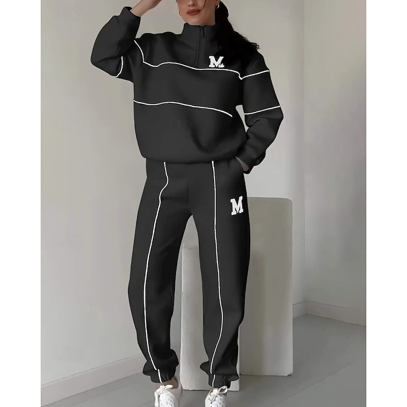 Women's Tracksuit Sweatpants Pullover Sweatshirt Zipper Pocket Color Block Clothing Suit Fall Black White Workout Athleisure Running Thermal Warm Windproof Long Sleeve Sport Activewear Stretchy4