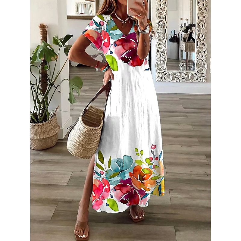 Women's Maxi Dress Casual Dress Sundress A Line Dress Elegant Vacation Casual Holiday Beach Regular Fit Ombre Floral Graphic Short Sleeve V Neck White Summer Spring