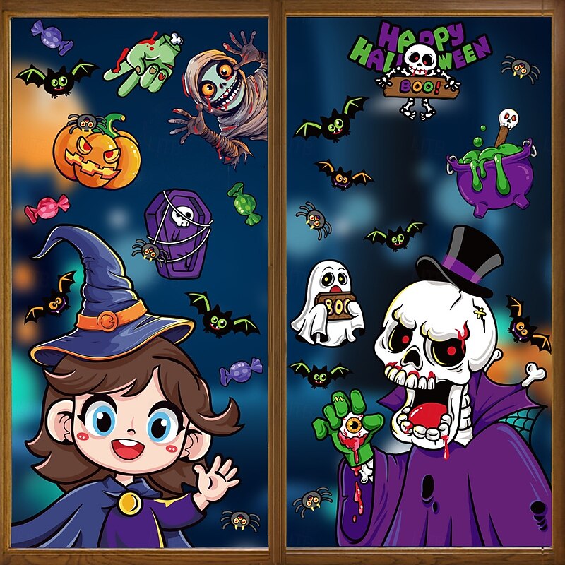 4 Sheets Halloween Window Cling Sticker Decals Decorations Double Side, Skull Pumpkin Witch Ghost Bat Grim Reaper Happy Halloween Static Stickers for Glass Decor3