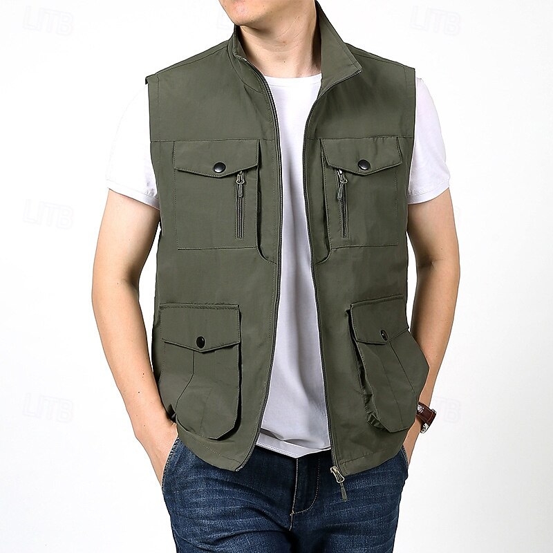 Men's Fishing Vest Hiking Vest Sleeveless Vest Outdoor Thermal Warm Lightweight Breathable Winter Zipper Multiple Pockets Polyester Nylon Black Army Green Khaki Hunting Fishing Climbing2