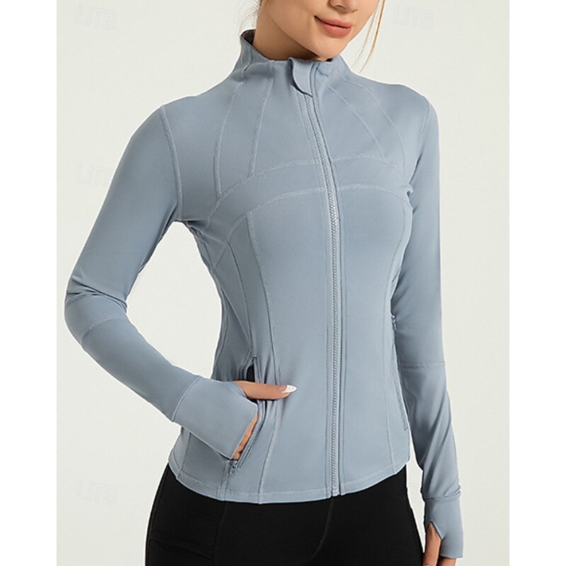 Women's Sport Jacket Stand Collar Sun Protection Stretchy Breathable Finger Coats Long Sleeve Sports Solid Color Jacket For Pilates Running Fitness Activewear2
